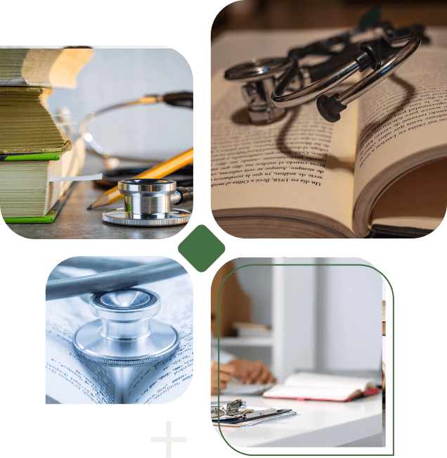 A collage of medical equipment and books.