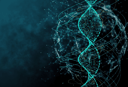 A dna strand is shown in the middle of a blue background.